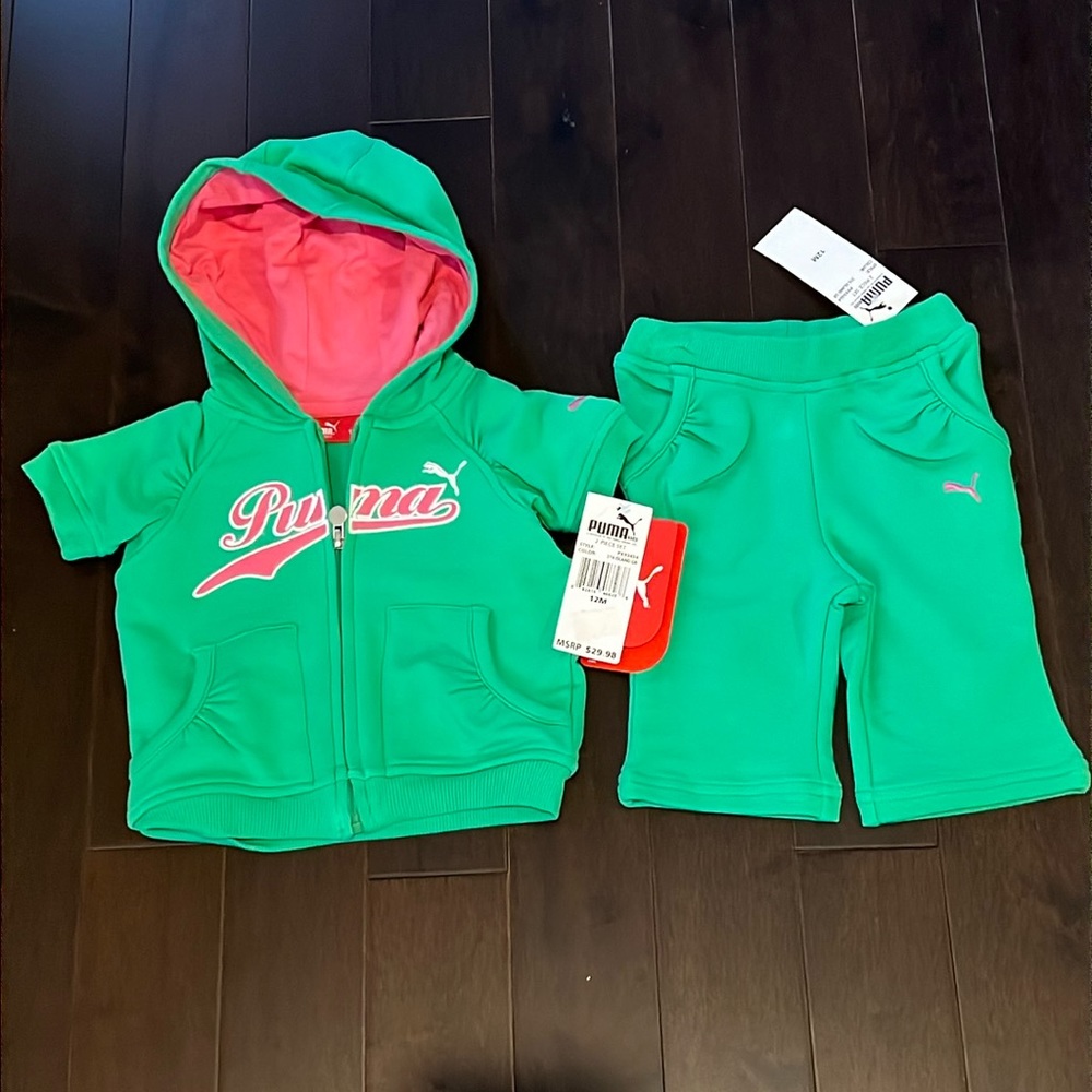 NWT Puma 2 piece island green/pink short sleeve zip up hoodie & pants 12 month
